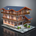Cartoon Style Three Story House With Blue Roof Orange Eaves And Wooden Balconies
