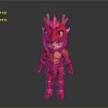Cute Red Dragon Themed Character In Armor Costume With Golden Horns And Green Eyes