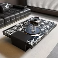 Modern Marble Coffee Table With Black Leather Sofa And Decorative Tray Glassware 3d model