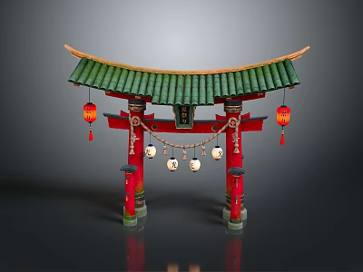 Traditional Japanese Torii Gate With Green Roof Red Pillars And Hanging Lanterns 3d model
