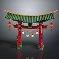 Traditional Japanese Torii Gate With Green Roof Red Pillars And Hanging Lanterns