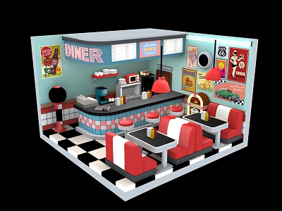 Cartoon Retro Diner Scene With Red Booth Seats Black White Checkered Floor And Neon Sign 3d model