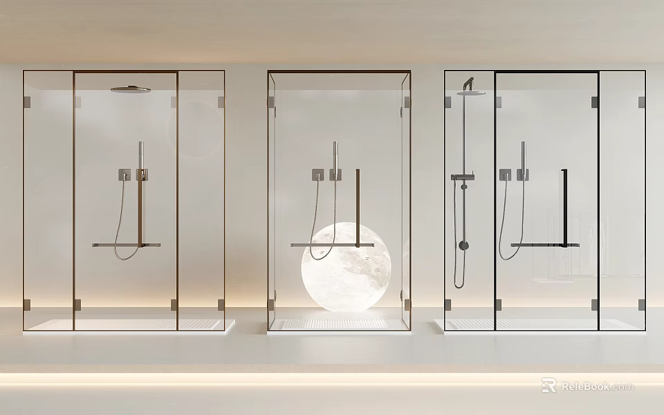 Three Modern Shower Heads In Transparent Glass Cubicles With Circular Moon Decor 3d model 