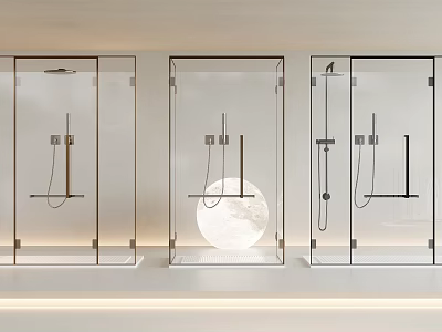 Three Modern Shower Heads In Transparent Glass Cubicles With Circular Moon Decor 3d model