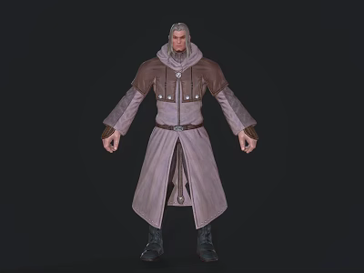 Game And Movie Character With Silver White Long Hair In Brown Gray Belted Long Coat Design 3d model