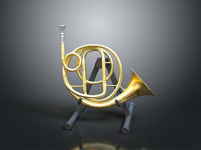 Brass French Horn Decorative Household Item With Metal Stand On Black Surface 3d model