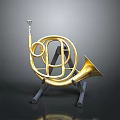 Brass French Horn Decorative Household Item With Metal Stand On Black Surface