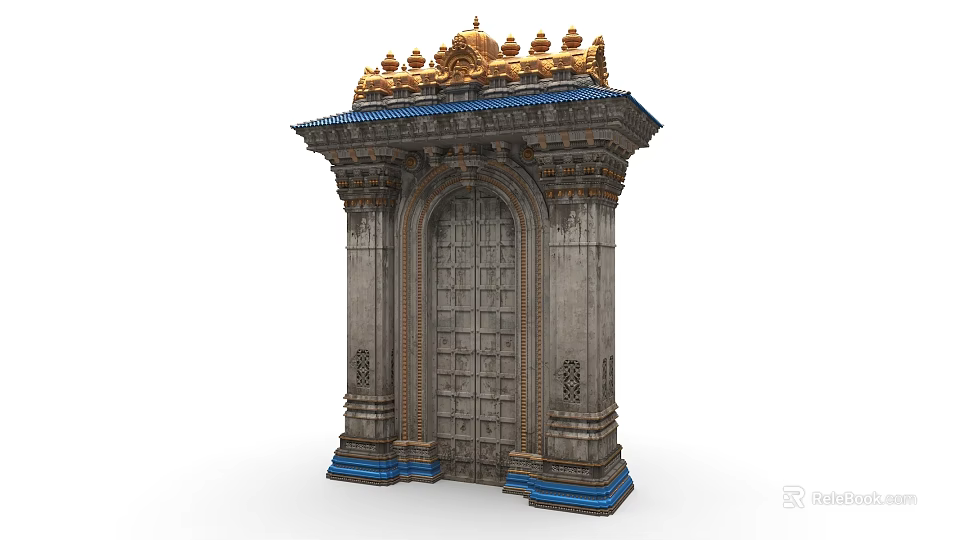 Traditional Archway with Ornate Golden Top Carved Gray Stone Details and Blue Base 3d model 