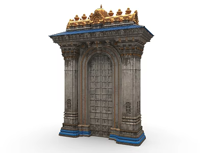 Traditional Archway with Ornate Golden Top Carved Gray Stone Details and Blue Base 3d model