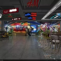 Vibrant Restaurant Interior With Colorful Ceiling Signs Yellow Chairs And Patterned Floor