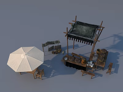 Traditional Market Stall Setup With White Umbrella Wooden Tables And Storage Jars 3d model