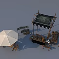 Traditional Market Stall Setup With White Umbrella Wooden Tables And Storage Jars