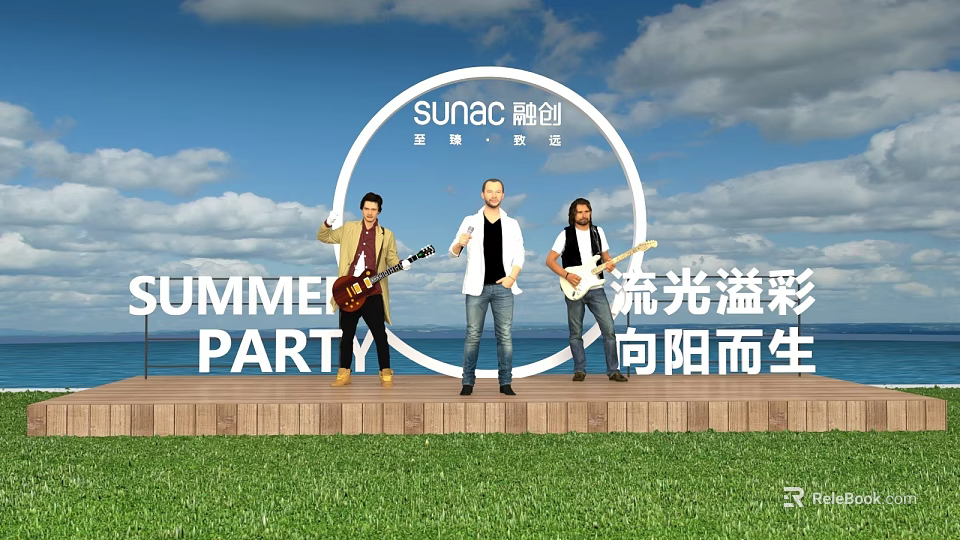 Outdoor Stage for SUNAC Summer Party Featuring Guitar Band and Sunny Sky View 3d model 