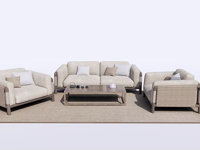 Beige Rattan Outdoor Sofa Set With Wooden Frame Coffee Table And Soft Cushions 3d model