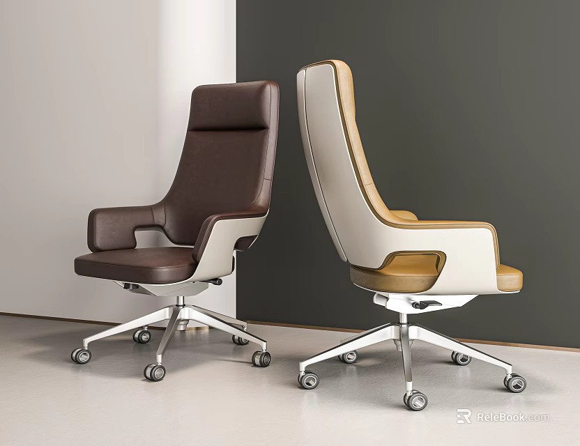 Modern High Back Leather Office Chairs With Brown And Cream Design And Metal Wheels 3d model 