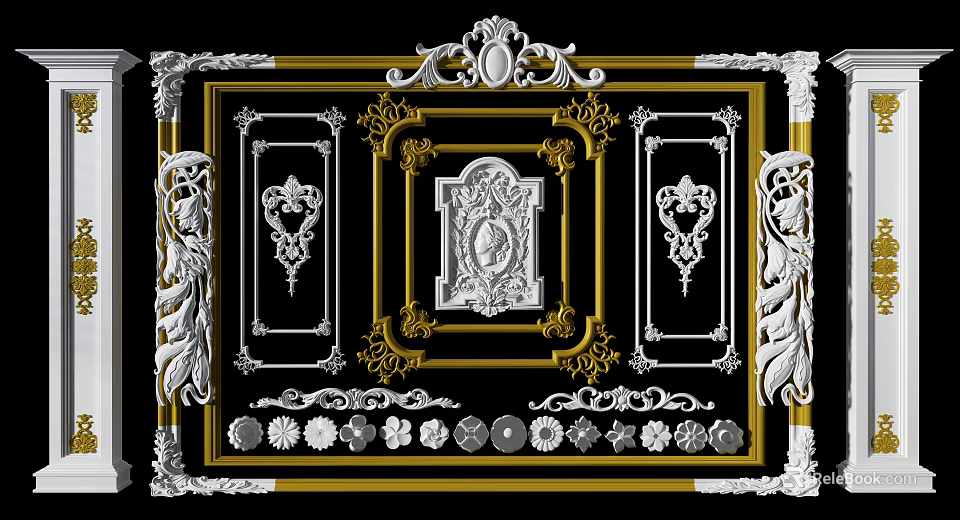 Ornate Decorative Lines Featuring Classical Frame Symmetrical Floral Patterns And Gold White Accents 3d model 
