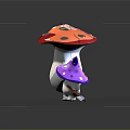 Game Cartoon Characters with Red Polka Dot and Purple Star Mushroom Hats Holding Broom Standing Together