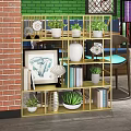 Golden Storage Shelf Against Red Brick Wall With Plants Books And Decorations