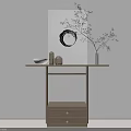 Minimalist Wooden Console Table With Green Plant Vase Drawer And Decorative Painting