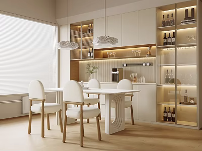 Modern Restaurant Interior With White Dining Table Chairs Wine Cabinet Pendant Lights And Wooden Floor 3d model