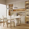 Modern Restaurant Interior With White Dining Table Chairs Wine Cabinet Pendant Lights And Wooden Floor