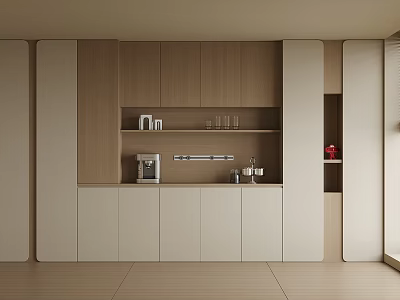 Modern Sideboard with Wood Light Color Storage Cabinets Open Shelves Coffee Machine Glassware 3d model