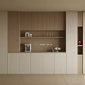 Modern Sideboard with Wood Light Color Storage Cabinets Open Shelves Coffee Machine Glassware