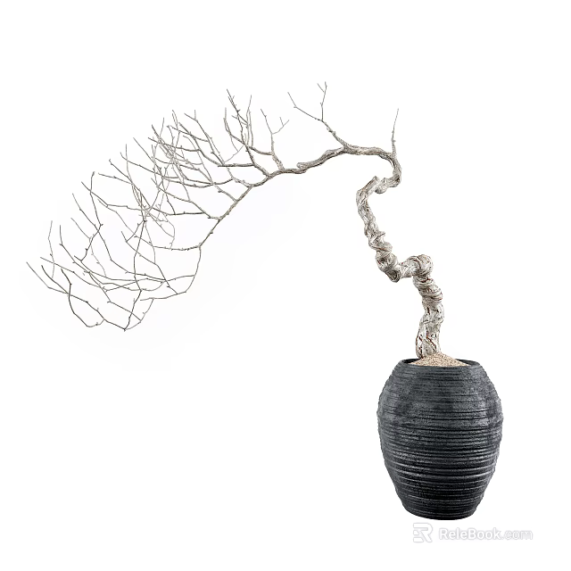 Elegant Garden Ornament With Curved Bare Branches In Black Woven Pot 3d model 