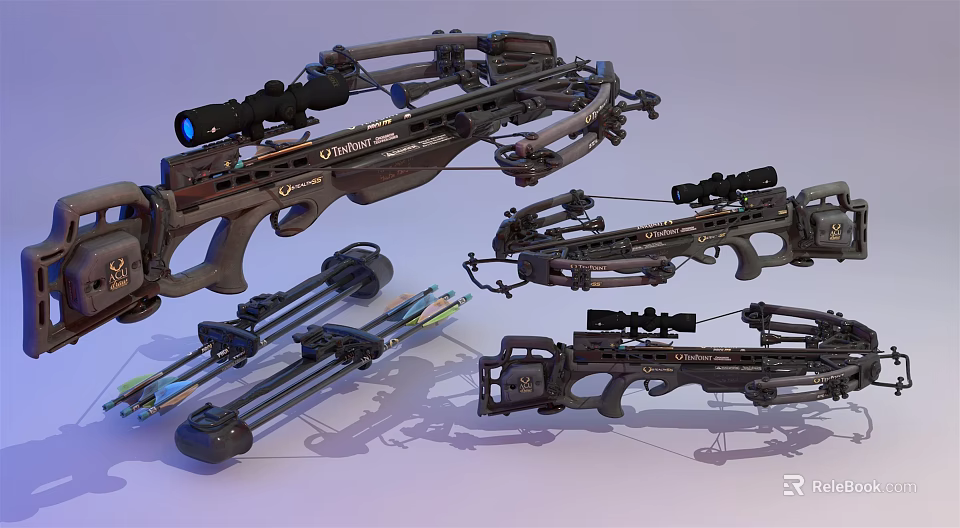 Modern Compound Bows With Scopes Arrows And Accessories Displayed In 3D Render 3d model
