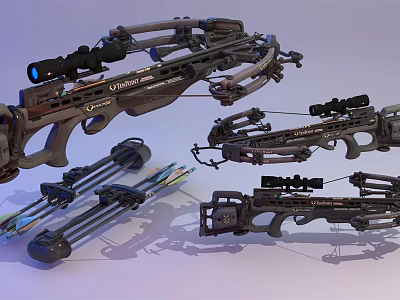Modern Compound Bows With Scopes Arrows And Accessories Displayed In 3D Render 3d model