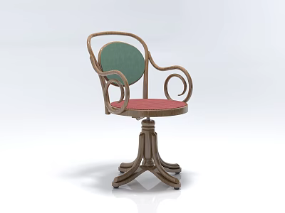 Classic Wooden Single Chair With Curved Armrests Green Backrest Red Seat And Swivel Base 3d model