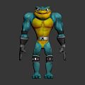 Muscular Blue Humanoid Creature With Yellow Abdomen Wrist Guards And Leg Armor