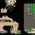 Floral Display Design With Hanging Pink Flowers Wooden Structures And Green Plants