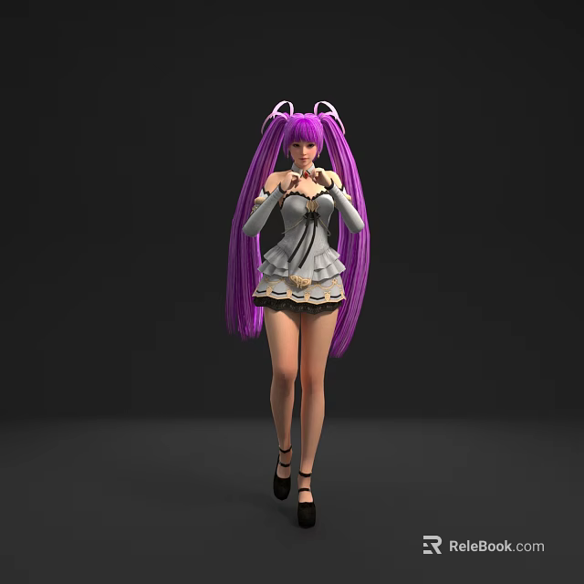 Game Movie Character With Purple Long Hair Twin Ponytails And Gray White Dress 3d model 