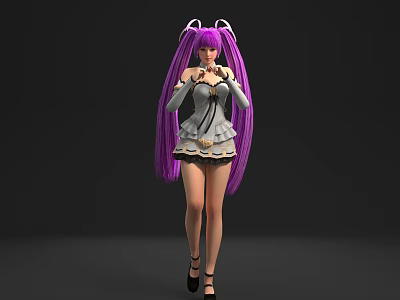 Game Movie Character With Purple Long Hair Twin Ponytails And Gray White Dress 3d model