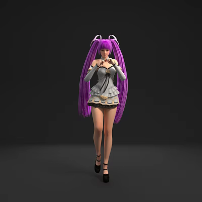 Modern game character long hair beautiful girl 3d model