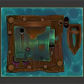 Small Waterfront Cabin With Verdigris Roof Chimney Flagpole And Small Boat On Blue Water Base