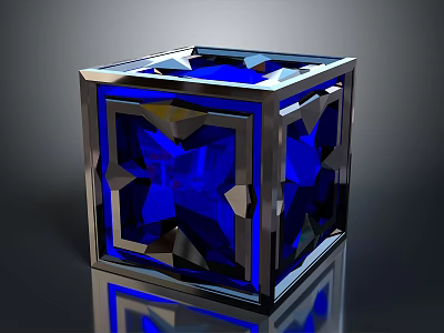 Geometric Blue Cube Design With Metallic Frame And Transparent Surface 3d model