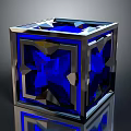 Geometric Blue Cube Design With Metallic Frame And Transparent Surface