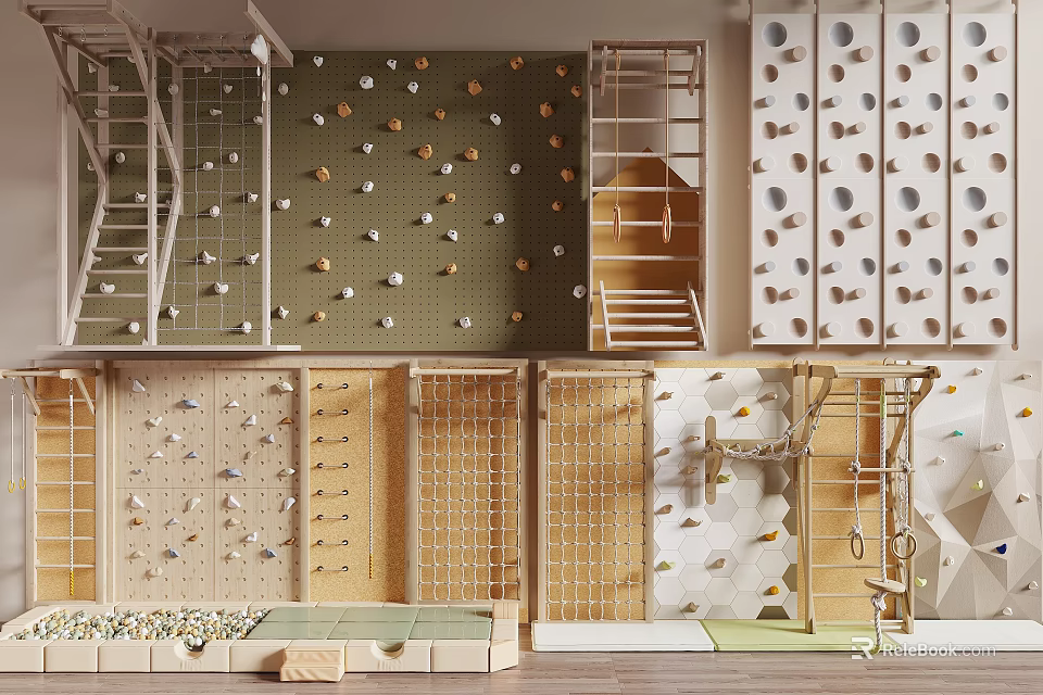 Various Indoor Play Equipment With Climbing Walls Ladders Nets And Structures 3d model