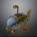 Yellow Underwater Submarine With Blue Transparent Cockpit Orange Periscope Fins And Thrusters