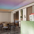 Restaurant Interior With Colorful Rainbow Ceiling Dining Tables Chairs Hanging Lamps And Wall Decorations