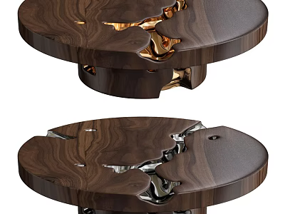 Stylish Round Dark Wooden Coffee Table Featuring Irregular Cracked Surface With Gold Silver Metal Inlay 3d model