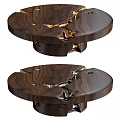 Stylish Round Dark Wooden Coffee Table Featuring Irregular Cracked Surface With Gold Silver Metal Inlay