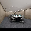 Modern Conference Room With Wooden Walls Dark Carpet Recessed Lighting Long Table And Computer Monitors