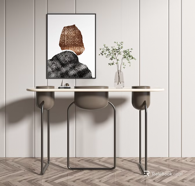 Modern Console Table With Abstract Painting Green Plant Vase And Decorative Jars On Herringbone Floor 3d model 