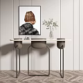 Modern Console Table With Abstract Painting Green Plant Vase And Decorative Jars On Herringbone Floor