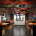 Colorful Japanese Restaurant Interior With Cherry Blossom Decor Red Umbrellas And Wooden Partitions