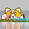 Pet Interaction Area at Joy Pets Party with Colorful Obstacles Dogs and Cat Paw Backdrop