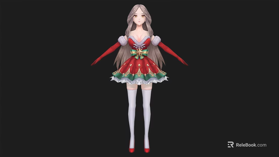 Woman in Festive Christmas Dress with Red Green Patterns Long Hair and Red Shoes 3d model 